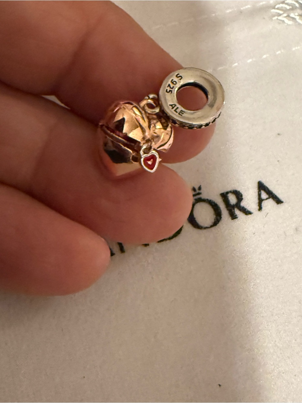 Pandora Rose Gold Heart Dangle Charm with Red Accent - Picture 6 of 7